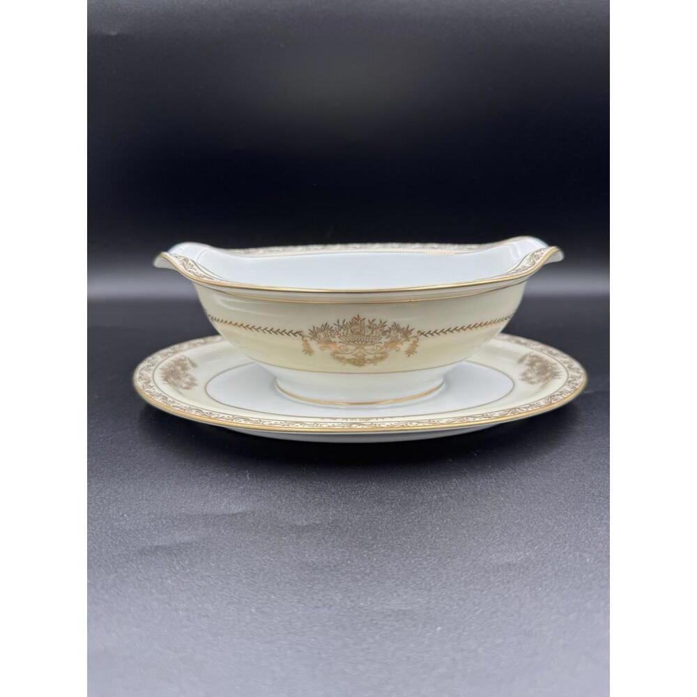 Vintage Noritake Bancroft 5481 Gravy Boat Attached Underplate Gold Great Conditi